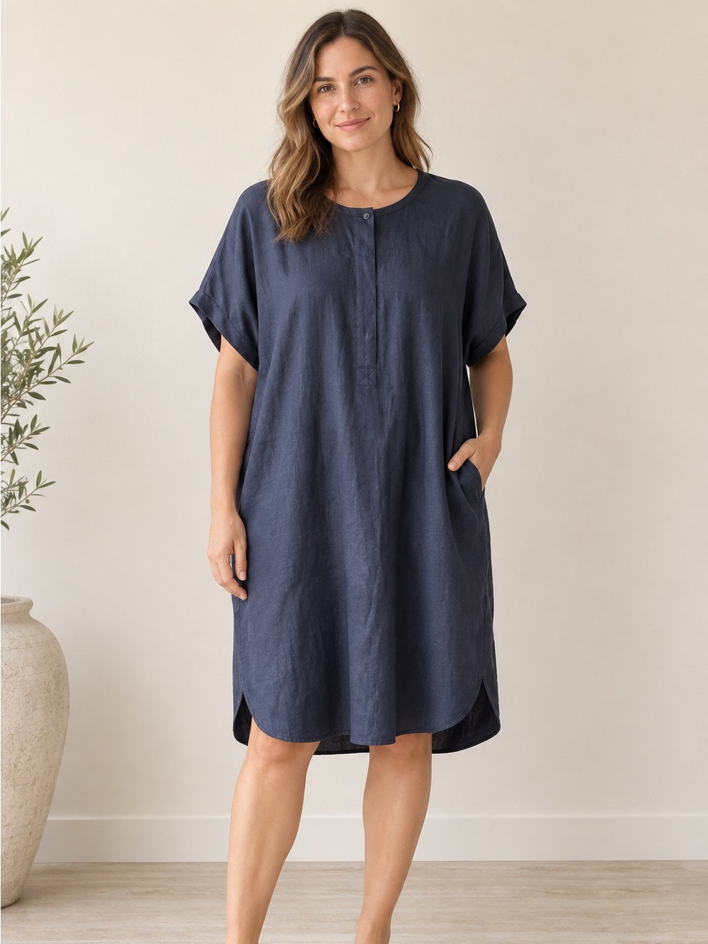 Vince Navy Linen Blend Kaftan Shift Dress Pockets Size L Minimalist Lagenlook